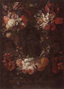 Still life of a garland of flowers surrounding a niche containing a statue of the immaculate conception